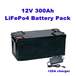 Paquete de batería GTK LiFePo4 12V 300Ah Fosfato de hierro de litio recargable con BMS para inversor solar RV + cargador 20A