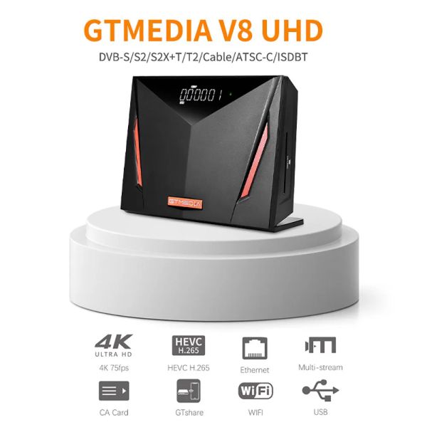 GTMedia V8 UHD DVB-S / S2 / S2X, DVB + T / T2 / ISDB-T / C Récepteur satellite 4K HD H.265 Receives de télévision WiFi Full PowerVu intégrée intégrée intégrée.