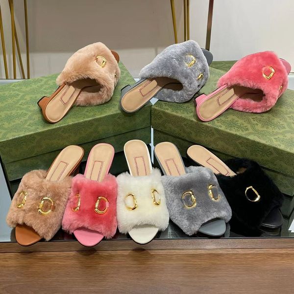 GU CI Zapatillas Mujer Diseñador Damas Diapositivas de Lana de Lujo Serie de Año Nuevo de China Sandalias de tacón Medio con Bordado de Conejo de Piel 5,5 cm Chanclas cómodas
