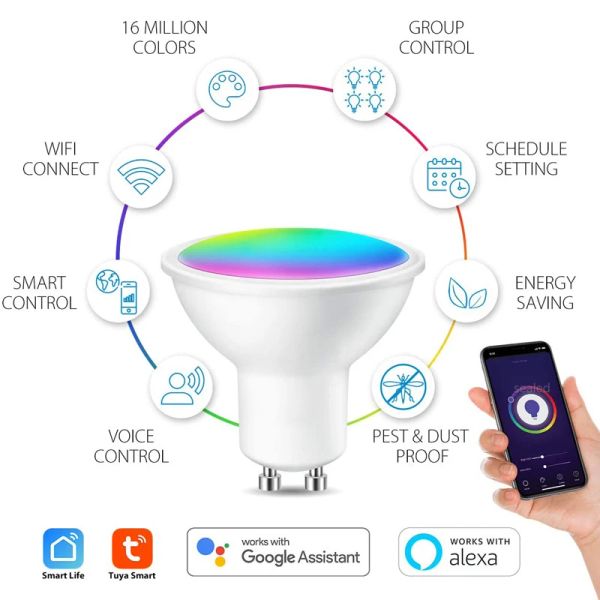 GU10 Bluetooth Lamp Tuya Smart Bulbe RVB 220V LED BUBBES SMART LED BUBB 9W pour Google Home Assistant Alexa
