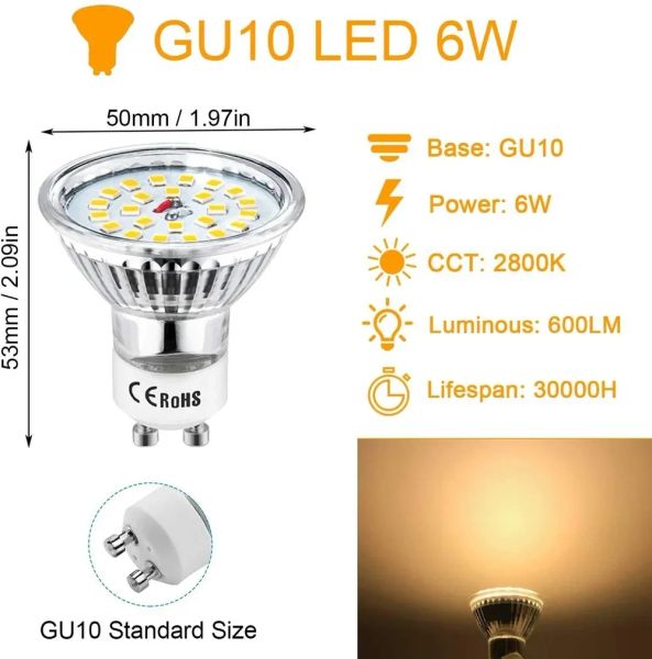 GU10 LED Bulb Spotlight Track Track Lighting 6W lampe équivalent 60W Halogène encastré de jour blanc 6000k 480 lumens 10packs