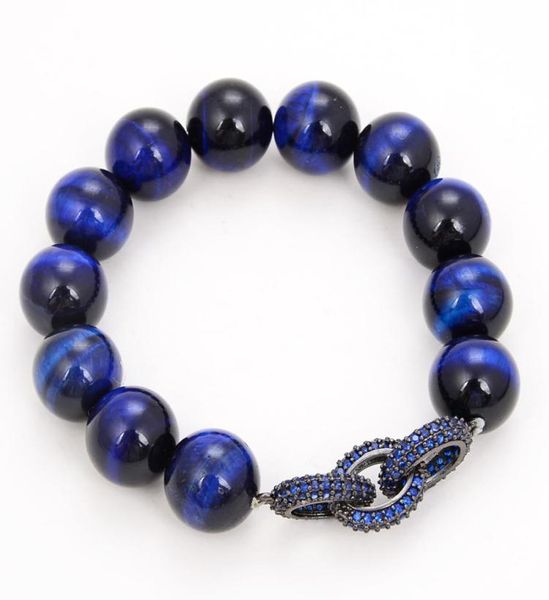 Bijoux Guaiguai 14 mm Round Blue Tiger Eye CZ Pave Pave Chain Connecteur Bracelet Stretch Fabriqué pour les femmes Real Lady Fashion Jewe4164086