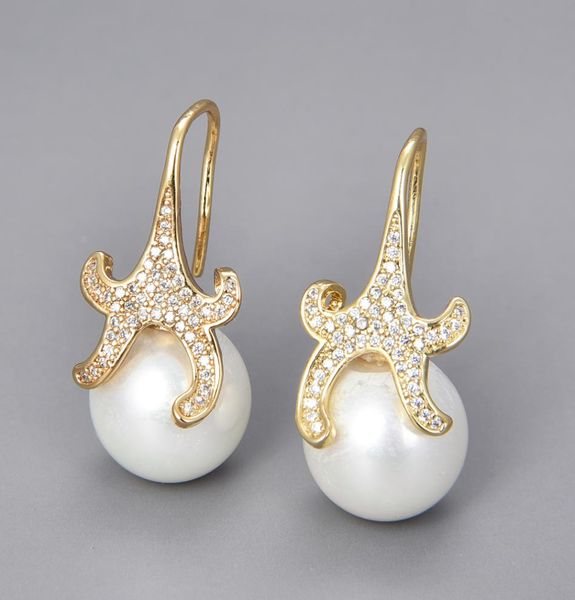 Bijoux guaiguai 14 mm coquille de mer blanche perle étoiles de mer cz pave crochet boucles d'oreilles pour les femmes réelles gemmes pierre lady jirellry 4078349