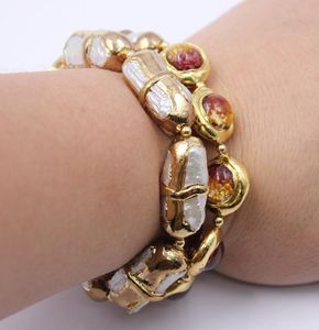 Guaiguai sieraden 2 rijen Gekweekt zoetwater Biwa Pearl Murano Glass Bracelet Gold Cz Pave Clasp Handmade voor dames9077035