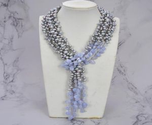 Bijoux guaiguai 3 brins Grey Pearl Blue Chalcédoine Agates Long Collier fait à la main pour femmes Real Gems Stone Lady Fashion Jewelle3510360