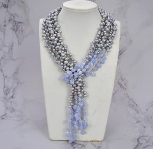 Bijoux guaiguai 3 brins Grey Pearl Blue Chalcédoine Agates Long Collier fait à la main pour femmes Real Gems Stone Lady Fashion Jewelle6162288