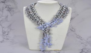 Guaiguai sieraden 3 strengen grijs parel blauw chalcedony agates lange ketting handgemaakt voor vrouwen echte edelstenen stenen dame mode Jewelle2439104