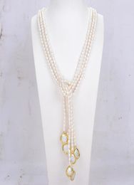 Bijoux guaiguai 3 brins Natural Cultured White Rice Pearl Perle Lariat Long Pull Collier à la main Fabriqué pour les femmes Real Gems9989515