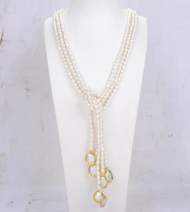 Bijoux guaiguai 3 brins Natural Cultured White Rice Pearl Perle Lariat Long Pull Collier à la main Fabriqué pour les femmes Real Gems6456754