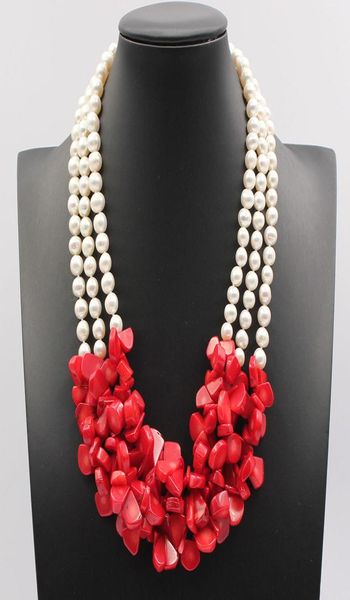 Bijoux guaiguai 3 brins de pomme de terre blanc naturel collier de corail rouge rond