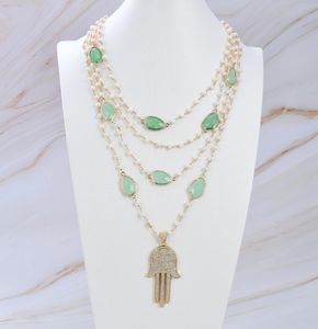 GuaiGuai bijoux 4 rangées de perles blanches de culture naturelle, chaîne de connecteur en cristal vert, collier fait à la main pour femmes, vraies pierres précieuses Lad5739511