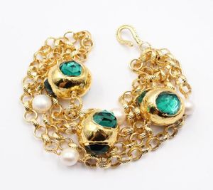 Guaiguai sieraden 4 strengen natuurlijke witte parel groen kristal goud kleur vergulde kralen ketting armband handgemaakt voor vrouwen1559691