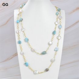 Guaiguai Sieraden 49 '' Freshwater Coin Pearl Natural Blue Larimar Chain lange ketting