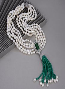 Guaiguai sieraden 5 strengen witte barokke zoetwater parel green agate ketting cz pave vergulde hanger handgemaakt voor vrouwen echte edelstenen9549199