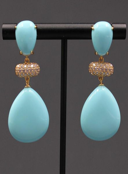 GuaiGuai bijoux bleu Turquoises Triangle forme d'eau balancent CZ perles boucles d'oreilles de mariage à la main pour Lady4619225