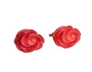 Guaiguai Jewelry Classic 15 mm Carven Carven Red Coral Fleur 14K Boucles d'oreilles à la main Fabriqué pour les femmes Real Gems Stone Lady Fashion JE4156007