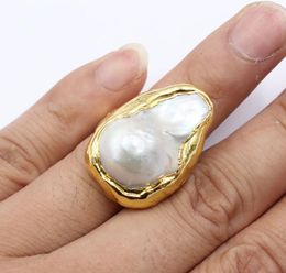 GuaiGuai bijoux classique énorme blanc naturel Keshi Baroque perle jaune or couleur plaqué anneaux faits à la main pour les femmes réglables 4439362