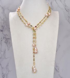 GuaiGuai bijoux culture rose Keshi perle couleur mélangée Rectangle Cz pavé longue chaîne collier fait à la main pour les femmes vraies pierres précieuses pierre La4114463