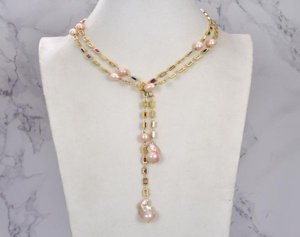 GuaiGuai bijoux culture rose Keshi perle couleur mélangée Rectangle Cz pavé longue chaîne collier fait à la main pour les femmes vraies pierres précieuses pierre La3865733