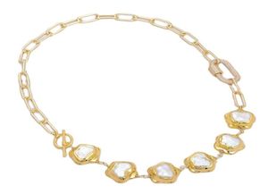 GuaiGuai bijoux de culture blanc Keshi fleur perle couleur or plaqué lien chaîne collier ras du cou fait à la main pour les femmes vraies pierres précieuses Stone7485355