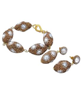 Guaiguai sieraden gekweekt witte keshi parel geel cz vergulde ovale nugget kralen armband oorbellen sets handgemaakt voor vrouwen4567061