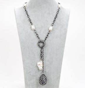 Bijoux guaiguai Cultired White Rice Pearl CZ Collier de chaîne gunmetal Keshi Pearl CZ Pendant pour femmes pour femmes Real Gems Stone LA5944914