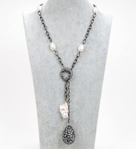 Guaiguai sieraden Gekweekt witte rijstparel CZ Gunmetal ketting ketting keshi parel cz traan hanger voor vrouwen echte edelstenen steen la7655260