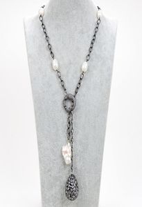 Bijoux guaiguai Cultired White Rice Pearl CZ Collier de chaîne gunmetal Keshi Pearl CZ Pendant pour femmes pour femmes Real Gems Stone LA9737143