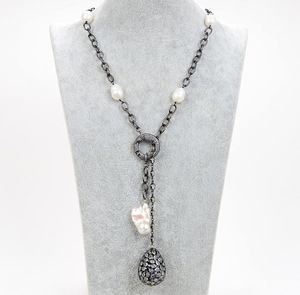 Bijoux guaiguaie culturel riz perle cz gunmetal chaîne collier keshi perle cz pendante pour femmes réel gems pierre la1210906
