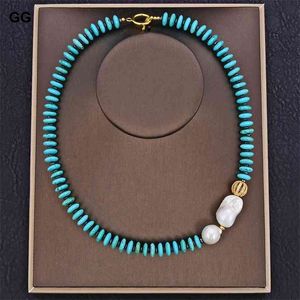 Guaiguai Sieraden Zoetwater Cultured White Keshi Pearl Blue Disc Turquoises Gems Stone Necklace 20 