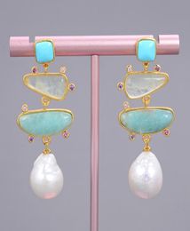 Bijoux guaiguai d'eau fraîche blanc perle bleu turquoise verte amazonite boucles oreilles étouffantes pour les femmes vrais gemmes en pierre fashion6385902