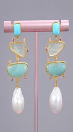 GuaiGuai joyería de agua dulce blanco perla azul turquesa verde amazonita cuelga los pendientes para las mujeres gemas reales piedra señora Fashion5179826