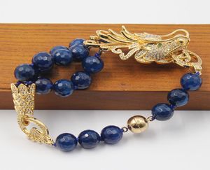 Guaiguai Bijoux naturel 10 mm Agates bleues à facettes rondes CZ Pave Dragon Connector Bracelet pour femmes Jewelry2354474