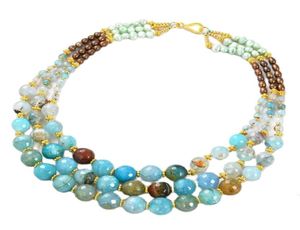 Bijoux guaiguai naturel 3 brins Agates bleues Collier de perle marron 18quot multi-brins à la main pour femmes réel gems pierre Lady7504987