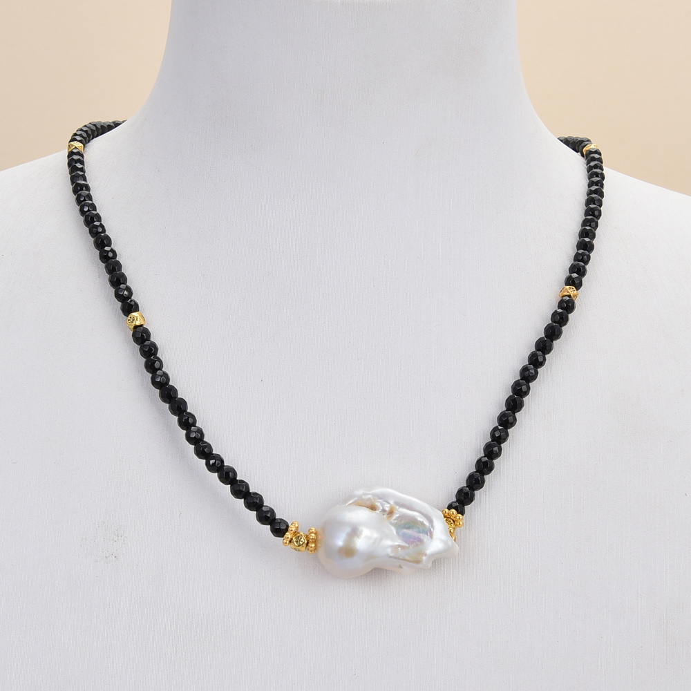 GuaiGuai Jewelry Natural 4mm Faceted Black Onyx White Keshi Pearl Necklace For Women Real Gems Stone Lady Fashion Jewellery