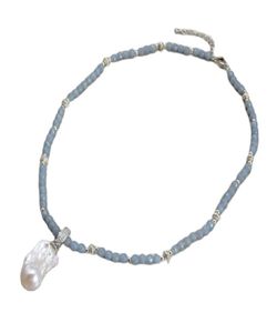 Guaiguai Bijoux Natural 6 mm Blue Angelite Collier Culturé de Perle Keshi Blanc Perl pour femmes Real Gems Stone Lady Fashion Jewe9992946