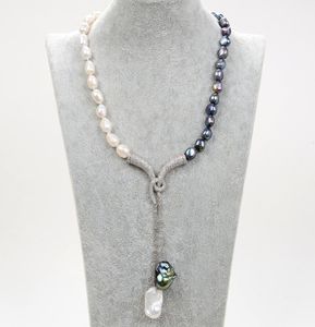Guaiguai Bijoux naturel noir blanc keshi baroque perle collier baroque perle cz pendentif pavé à la main pour les femmes réelles gemmes ston3009686