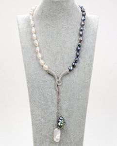 Guaiguai Bijoux naturel noir blanc keshi baroque perle collier baroque perle cz pendentif pavé fait à la main pour les femmes réelles gemmes ston1517129