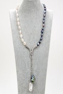 Guaiguai Bijoux naturel noir blanc keshi baroque perle collier baroque perle cz pendentif pavé à la main pour les femmes réelles gemmes ston5231812