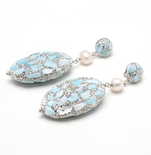 GuaiGuai bijoux naturel bleu Larimar couleur argent strass pavé ovale culture blanc rond perle Larimars boucles d'oreilles pour femmes 4145200