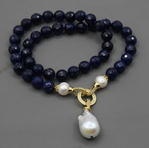 Guaiguai Bijoux Natural Blue Round Facetted Agate White Pearl Collier Keshi Baroque Pearl Pendant For Handmade for Women2732346