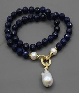 Guaiguai Bijoux Natural Bleu Round Facetted Agate White Pearl Collier Keshi Baroque Pearl Pendant For Handmade for Women1291956