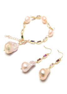 Guaiguai sieraden natuurlijk gekweekte roze keshi parel gemengde kleur cz pave ketting bengle haak oorbellen armband sets klassiek voor dames4880672