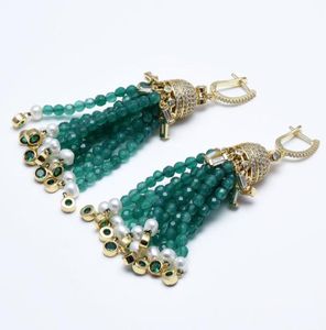 Guaiguai Bijoux naturel cultivé blanc perle vert agates cristal cz boucles d'oreilles à crochet d'or