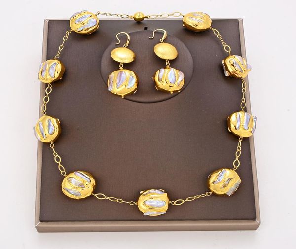 GuaiGuai joyería natural de agua dulce blanca Biwa perla moneda 24 KT chapado en oro collar pendientes conjuntos hechos a mano para mujeres Real Jewlery1682107