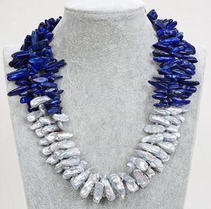Guaiguai Bijoux Natural Grey Biwa Pearl Blue Lapis Collier à la main pour femmes Real Gems Stone Lady Fashion Jewellery1031766