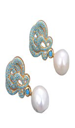 Guaiguai sieraden natuurlijke keshi edison witte parel vergulde turquoise blauw cz drop oorbellen handgemaakt voor vrouwen echte edelstenen steen l5134123