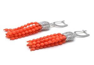 Guaiguai Bijoux naturel Orange lisse perles de corail rondes couleurs argentées CZ Pave Lever Boucles d'oreilles Boucles d'oreilles mignonnes pour les femmes6865586