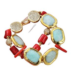 Bijoux guaiguai pierre naturelle verte amazonite corail rouge rectangle or couleur plaquée pépite bracelet bracelet fait à la main pour les femmes re5537826