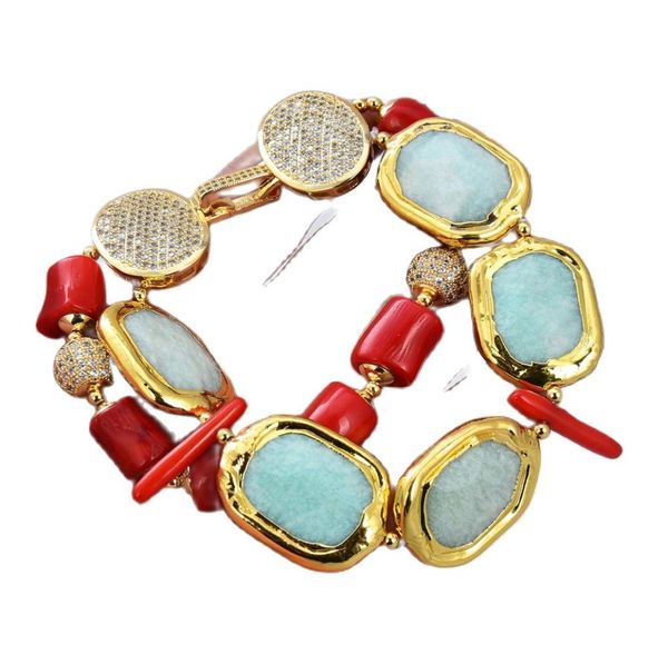 GuaiGuai Jewelry-pulsera de hebras de pepitas chapada en oro, piedra Natural, amazonita verde, Coral rojo, rectángulo, hecha a mano, Re5086223